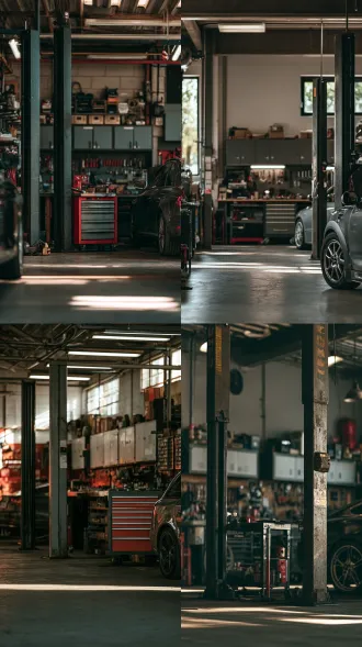 9:16竖屏，汽修车间全景，两柱举升机，工位轿车，墙面工具柜，水泥地面，柔和漫射自然光，浅景深，背景虚化，低饱和低对比，暗淡柔和，干净无杂物，佳能实拍，轻微胶片颗粒，写实无cg感，字幕底层背景