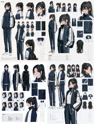 角色设定参考图，多视图人物sheet，纯白背景，17岁东亚高二女生陆向晴，身高168cm，皮肤白皙通透，两颊淡橘浅腮红。平眉柔和无尖锐眉峰，深棕色大直径瞳孔，眼神抽离带淡淡哀伤，脸型精致流畅。 发型：高马尾，干净清爽，仅少量自然碎发，无油腻脏乱、大片毛躁散发，发丝干净有空气感。 服装：藏青拼白国产高中运动校服，立领拉链外套半敞开，衣身藏青、白袖带两道藏青竖条纹；内搭白polo衫，藏青门襟两颗小圆扣；藏青校裤侧缝白条纹，黑色双肩背包。白色有线入耳耳机，正在听歌：一只耳塞入耳，另一只垂落，耳机线沿身前自然下垂，末端收在校服裤兜，袋口露出小段线材，线材柔软随重力弯曲，不缠绕不挂脖。 画面布局： 第一排：正面全身、四分之三侧面全身、正侧面全身、背面全身； 表情参考区：8张半身头像，表情自然松弛，拒绝僵硬模板脸。表情依次： 平静放空、侧头淡然、礼貌笑意、元气wink、沉思苦恼、泪流满面、生气怒目、害羞难为情，以上8个表情适度，不夸张；右侧：1张面部特写； 细节特写区：校服面料、袖子条纹、白色有线耳机、耳机垂落走线、裤兜出线、背包肩带、polo领口； 发型参考区：马尾正面、侧面、背面； 右下角：标注168cm人体比例全身图； 左下角文字框：姓名：陆向晴，年龄：17岁，身份：东亚高二女学生，性格：冷清，文艺孤微，关键词：高马尾·校服·白色有线入耳耳机 写实摄影，柔和影棚柔光，8k高清，皮肤细腻，光影干净，色调统一，全部视图五官、脸型、肤色、发型保持一致。 负面提示词： 五官变形，表情僵硬，头发油腻脏乱，大片乱发，浓腮红，挑眉，尖锐眉峰，瞳孔过小，眼神凶狠，色彩不一致，肢体畸形，卡通，动漫，手绘，3d渲染，背景杂物，噪点模糊，校服条纹错乱，脸不对称，头戴/颈挂耳机，耳机线缠绕悬浮，耳塞不入耳，表情狰狞夸张，塑料肤质