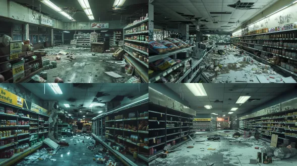 empty abandoned supermarket interior, post-apocalyptic setting,无人物, 无动物, no people, no characters, no animals, no creatures, high-angle wide shot,俯拍全景大广角, 18mm lens, deep depth of field, overturned shelves, scattered canned food and broken glass, faded price tags, dust-covered floor, cracked fluorescent lights hanging from ceiling, natural daylight leaking through broken windows, volumetric light rays, ue5 engine rendering, cinematic lighting, hyper-detailed, 8k resolution, photorealistic, muted color palette with desaturated greens and grays, post-apocalyptic atmosphere, dramatic shadows, film still quality people, characters, animals, creatures, faces, bodies, zombies, monsters, text, watermark, logo, blurry, low resolution, cartoon, anime style, oversaturated colors, clean environment, bright cheerful lighting