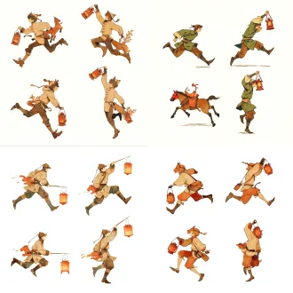 hand-painted watercolor style, chinese guofeng aesthetic, warm autumn tones, 1930s chinese revolutionary era, fujian rural countryside, clean lines, game asset, 2d side-scroller same character, running pose, side view facing right, legs in motion, holding copper lantern, hand-painted watercolor style, chinese guofeng aesthetic, warm autumn tones, transparent background, game asset, 2d side-scroller same character, jumping pose, legs bent, side view facing right, holding copper lantern, hand-painted watercolor style, chinese guofeng aesthetic, warm autumn tones, transparent background, game asset same character, lifting a copper horse lantern above head with right hand, side view facing right, standing pose, hand-painted watercolor style, chinese guofeng aesthetic, warm autumn tones, transparent background, game asset