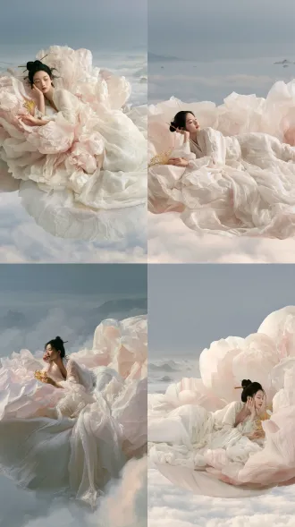 a surreal oriental giant-object aesthetic scene, a graceful young chinese woman in her early twenties lying sideways on a single giant peony petal floating above a sea of clouds, the petal is clearly larger than her body and wide enough to stably support her like a soft natural bed, dreamy and believable scale relationship. she gently rests her cheek on one hand and reaches out with the other hand to touch the golden peony stamens beside her, with a soft curious smile, calm and childlike. she has natural delicate features, realistic skin texture, no heavy makeup, loose black hair in a simple song-style bun with a plain wooden hairpin, a few soft strands framing her face. she wears a flowing moon-white song dynasty hanfu, light gauzy fabric, elegant drapery, no ornate accessories, no jewelry. the peony is pale blush pink and ivory, with translucent layered petals, subtle veins, soft luster, refined song-dynasty botanical painting aesthetics but with realistic three-dimensional volume. one main petal supports the woman, and this petal is noticeably larger than the woman, making the composition feel stable and convincing. a few surrounding petals frame the foreground and background, but do not overwhelm the figure. in the distance, a milky white cloud sea, pale blue-gray sky, misty chinese mountains and tiny pavilions appear softly through atmospheric haze. natural diffused light, cinematic close-medium shot, clear facial features and hand gesture, shallow depth of field, soft foreground blur, elegant low-saturation palette of blush pink, ivory, pale gray-blue and light gold. mood of serenity, freedom, tenderness, oriental luxury, poetic dreamscape, realistic cinematic actress, ultra detailed, highly aesthetic, ethereal, premium visual quality