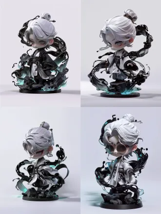 3d blind box figure,chibi chinese style ip character,clay pbr texture,soft studio lighting, face shape,eyes,nose,mouth,white high bun hairstyle,ancient chinese hanfu costume 100% follow reference picture 1, surrounded by flowing liquid black ink fluid,swirling ink mist winding around character body,ink with faint cool blue glow,liquid ink energy floating all around, standing on black rock circular figure base,clean light gray‑white background,product display shot,ip‑design poster layout,chinese cyberpunk aesthetic,high detail,8k,octane render