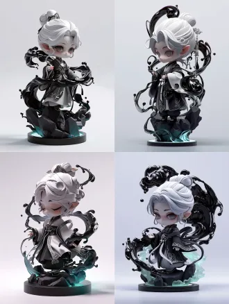 3d blind box figure,chibi chinese style young girl ip character,female,clay pbr matte texture,soft studio lighting, keep girl face shape,eyes,nose,mouth,white high bun hairstyle,elf pointed ears,complete ancient chinese hanfu costume strictly from reference picture 1, surrounded by swirling flowing liquid black ink fluid,dark ink mist winding around girl body,ink with faint cool blue glow,floating liquid ink energy all around character, standing on black rock circular figure base,clean light gray‑white background,product display shot,ip‑design poster layout,chinese cyberpunk style,high detail,8k,octane render