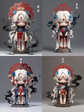 3d blind box figure,chibi chinese style young girl ip character,matte clay pbr texture,soft studio lighting,simple gray background, strictly retain all features of the girl in reference picture:long wavy white hair,red hollow paper‑cut fan‑shaped headdress,blue flower hair ornaments,red forehead ornament,elf pointed ears,cold half‑lidded eyes,original blue‑red new chinese short hanfu,do not change character appearance, theme of chinese ink stone,surrounded by fine ink crumbs and faint black ink smoke,ancient stone inkstone floating behind character,inkstone filled with black ink,slow dripping ink liquid, clothing printed subtle stone texture pattern,jewelry with old stone beads,standing on circular carved ink‑stone figure base,front product view,ip‑design poster layout,high detail,8k,octane render