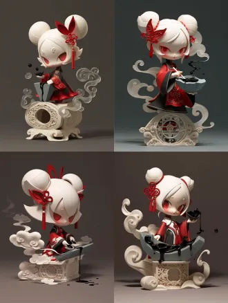 3d blind box toy ornament, chibi chinese‑style young girl character, matte clay pbr material, soft studio light, simple dark‑gray background. keep reference character face and hairstyle: white double‑bun hairstyle, red hollow paper‑cut swallow hair ornament, red tassel decorations, red eyes, delicate cold facial features, retain chibi cartoon proportion, do not change face. wear complete modest chinese cross‑collar long‑sleeve robe, red and black color, robe hem reach feet, full body covered by clothing. girl standing pose, one hand holds ancient bluestone writing inkstone, another hand holds black ink ingot, ink ingot rub on inkstone surface, thick black liquid ink inside inkstone groove, faint ink mist rising, tiny ink crumbs floating in air. wispy flowing ink smoke around character, standing on stone carved circular ornament base, front‑view product display, chinese style ip‑design poster composition, rich details, 8k, octane render