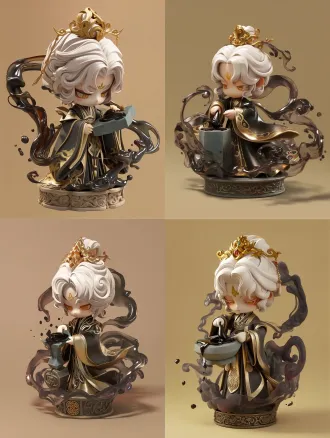 3d blind box toy ornament, chibi ancient chinese girl character, matte clay pbr material, soft studio lighting, simple light‑brown solid background. keep reference character face and hairstyle: snow‑white high coiled hair, golden ornate hair crown, narrow amber eyes, golden forehead mark, cold solemn expression, keep chibi cartoon proportion unchanged. wear black‑gold wide‑sleeve ancient chinese robe, fabric with subtle gold foil texture, long floor‑length robe, fully covered outfit. girl standing pose, both hands for grinding motion, one hand holds ancient bluestone inkstone, another hand holds black ink ingot, ink ingot rubs on inkstone surface, thick black liquid ink inside inkstone groove, faint rising ink mist, tiny floating ink crumbs. swirling dark ink smoke curls around character, standing on stone carved circular ornament base, slightly three‑quarter front product view, chinese‑style ip‑design poster composition, exquisite rich details, 8k, octane render