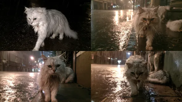 片段5-1｜猫在雨中走 首帧图： 手机拍摄，深夜，下着大雨。长毛银渐层猫在雨中慢慢走，银白毛湿透贴在身上，灰黑毛尖沾满泥浆，绿色眼睛睁不开，红色项圈歪了。雨水顺着他耳朵往下流。街上没有人，只有路灯亮着。冷灰调，生活感，真实照片，16:9。 视频动作： 猫在雨中走，爪子踩在水坑里，水花溅起来。他走到一个屋檐下，站住。屋檐很窄，雨水还是打在他身上。他抖了抖身体，水珠甩出去，但毛还是湿的。他坐下来，看着雨。雨越下越大，风把雨吹进屋檐下。猫站起来，换了个方向，靠着墙，把身体缩成一团。 台词： 无。 音效： 雨声，猫爪踩水坑的声音，猫抖毛的声音，猫低沉的呼吸。 时长： 6秒