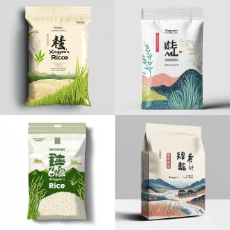 我要设计一款5kg大米的包装袋，品牌名为“兴业之稻”，要求为平面风格，体现广西兴业县喀斯特山水出富硒好米的特点，彰显大众买好米吃好饭的最基础需求，需要预留产品说明：净含量：5kg、天然富硒、米香浓郁