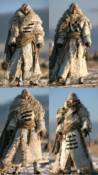 full-body front-view character render of the exact man from the first reference: silver-white medium-length hair, golden eyes, white dragon-scale embossed long coat, thick shaggy black fur collar, three black chest straps with silver buckles, wide wrapped brown leather sash, dark grey cape hanging from the left shoulder, black wrist bracers, grey-white short boots with black toe caps; standing squarely facing the camera, arms relaxed at his sides, hands loosely open, centered symmetrical composition, head to toe fully visible, calm indifferent expression, semi-realistic aaa game cinematic cgi, high-end 3d game character render, stylized handsome male face, not photorealistic, not live-action, tack-sharp face first: face in perfect focus, crisp clear golden eyes, detailed facial features, soft frontal fill light wrapping the face evenly, no dark shadow over the eyes or face, skin and materials in the style of the second reference: realistic soft skin with subtle pores and a faint warm subsurface tint, raised embossed dragon-scale leather grain, individual strands of black fur, worn leather straps, brushed silver buckles, fine woven cape fabric, delicate micro-glints and specular highlights across the coat, strong golden-hour backlight: warm gold rim light glowing along the hair, fur collar, shoulders and coat edges, amber edge light, soft warm bounce light rising from the ground, cool grey-blue ambient shadows, soft cinematic contrast, 85mm lens, shallow depth of field, blurred open dusk field behind, hazy muted grey-blue sky, warm glowing ground, creamy bokeh, warm gold and cool grey-blue palette, ultra-detailed surface textures, clean render, 8k