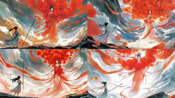dunhuang mural style, traditional chinese heavy color painting, 2d flat illustration. a gigantic divine apparition of hua mulan in the sky, her entire body is entirely formed by translucent heroic red kapok flowers and flowing silk ribbons, no armor, no wings. in the foreground, a tiny female warrior holds a spear and looks up at the giant flower goddess. the giant's hands and face are made of layered red petals. swirling traditional chinese clouds, no fire, no explosion. vermilion red, antique gold, mineral pigment colors. oriental aesthetics, masterpiece.