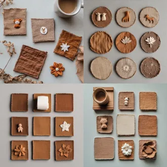 [粘贴参考图片链接] top-down flat lay product photography, a set of 6 different handmade fabric coasters, persimmon tannin dyed rough linen fabric, earth tone brown palette, multiple shades from light camel, chestnut to dark coffee brown, natural mottled uneven plant dye texture, each coaster base is completely flat in the center for placing cups, central surface smooth with no raised decorations, small 3d fabric ornaments (little animal dolls or lotus flower) attached only on the outer edge/corner of coaster, visible hand-stitched white running stitches, radial and circular stitching lines on the flat base, thin cotton interlining, soft wabi-sabi handmade textile craft, matte light grey background, soft diffused natural light, clear woven fabric texture, sharp focus, clean composition