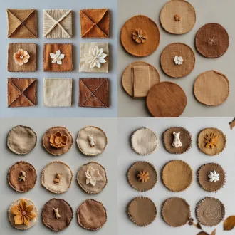 [粘贴参考图片链接] top-down flat lay product photography, a set of 6 different handmade fabric coasters, persimmon tannin dyed rough linen fabric, earth tone brown palette, multiple shades from light camel, chestnut to dark coffee brown, natural mottled uneven plant dye texture, each coaster base is completely flat in the center for placing cups, central surface smooth with no raised decorations, small 3d fabric ornaments (little animal dolls or lotus flower) attached only on the outer edge/corner of coaster, visible hand-stitched white running stitches, radial and circular stitching lines on the flat base, thin cotton interlining, soft wabi-sabi handmade textile craft, matte light grey background, soft diffused natural light, clear woven fabric texture, sharp focus, clean composition