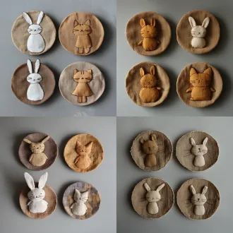 [粘贴动物杯垫图链接] top-down flat lay, four handmade round fabric coasters, persimmon tannin dyed coarse linen, varied brown earth tones, natural mottled dye texture, flat smooth center surface for cup placement, 3d fabric bunny and cat doll decorations only extend outwards from the coaster edge, doll head and limbs sit outside the main flat coaster surface, hand stitch outlines, thin cotton interlining, wabi sabi handwork, neutral grey background, soft diffused light