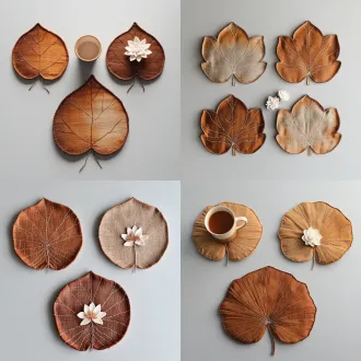 [粘贴荷叶图链接] top-down product photo, 3 handmade lotus leaf shape fabric coasters, persimmon tannin dyed linen, gradient earth brown tones, natural mottled plant dye marks, flat smooth central area for cups, white hand stitched radial lines on coaster base, small 3d fabric lotus flower decoration only attached on the edge of leaf-shaped coaster, thin padded fabric, rustic handcraft, plain light grey background, soft natural window light, textile details