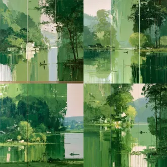 三联为主，绿色为主，结合山水画构成，three panel triptych oil painting, contemporary chinese freehand landscape, monochromatic palette of all green tones from lime green to dark emerald, abstract jiangnan water town spring scenery, scattered traditional folk houses, tiny fishing boat on the river, lush green trees and distant hills, thick impasto brushstrokes, obvious paint dripping texture, rich painterly texture, highly stylized, no other hues