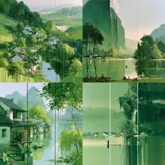 三联为主，绿色为主，结合山水画构成，three panel triptych oil painting, contemporary chinese freehand landscape, monochromatic palette of all green tones from lime green to dark emerald, abstract jiangnan water town spring scenery, scattered traditional folk houses, tiny fishing boat on the river, lush green trees and distant hills, thick impasto brushstrokes, obvious paint dripping texture, rich painterly texture, highly stylized, no other hues