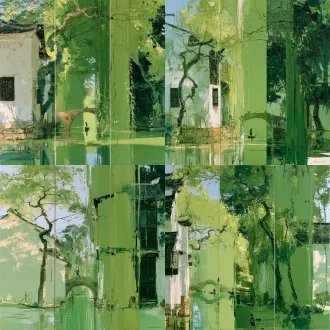 三联画形式的半抽象中国油画，写意山水，物象消解于书法性笔触而非写实刻画，画面由相互咬合的硬边矩形与竖长色块构成强烈的平面构成，扁平化空间，无空气透视，不对称的节奏布局；江南水乡老旧民居——斑驳水渍的白粉墙、风化的黑瓦与翘起的檐角、深色木格窗、一座小巧石拱桥横跨碧绿窄巷水巷，是住老了的村落民居而非崭新建筑；树木被简化为抽象的书法线性符号：扭曲树干如草书笔意，柳树如垂直垂落的墨线，无叶簇细节，枝干作为纯粹图形符号；一叶孤舟，极小的抽象化渔翁剪影；厚涂油彩与刮刀笔触，颜料垂直流淌如落墨；以透光柠黄绿、翠绿、橄榄绿、深松绿为主的单色相绿色体系，克制的赭石与米白点缀，墨色重色压阵；油画材料深度中国化，融入水墨美学，气韵生动，骨法用笔，东方诗意氛围，当代表达的青绿山水精神，国展级精品油画，亚麻布纹理，手工表现质感