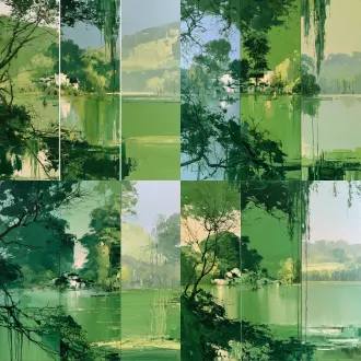 三联半抽象中国油画，写意青绿山水，手卷式三联不同视点——左联低角度仰看近景疏枝，中联隔水面平视雾中层叠远山，右联远眺空濛；散点透视，无西式消失点；三层纵深：近景镂空枝桠框景留缝，中景开阔水面扁舟与对岸江南村落点景，远景淡绿山脊远林带层层退远；近深松绿、中翠绿、远浅黄绿灰绿；对岸小型斑驳白粉墙黑瓦老民居、石拱桥；树木为草书线性符号，柳树如垂落墨线，无叶簇；厚涂刮刀笔触，颜料垂流如落墨；单色绿调，赭石灰白点缀；油画中国化，水墨美学，气韵书写性，精品油画