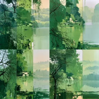 三联半抽象中国油画，写意青绿山水，手卷式三联不同视点——左联低角度仰看近景疏枝，中联隔水面平视雾中层叠远山，右联远眺空濛；散点透视，无西式消失点；三层纵深：近景镂空枝桠框景留缝，中景开阔水面扁舟与对岸江南村落点景，远景淡绿山脊远林带层层退远；近深松绿、中翠绿、远浅黄绿灰绿；对岸小型斑驳白粉墙黑瓦老民居、石拱桥；树木为草书线性符号，柳树如垂落墨线，无叶簇；厚涂刮刀笔触，颜料垂流如落墨；单色绿调，赭石灰白点缀；油画中国化，水墨美学，气韵书写性，精品油画