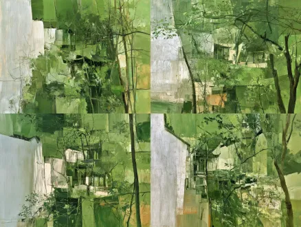 构成变化，色彩接近，留白明确。整幅画以层次丰富的绿为核心基调，浅草绿、灰绿、墨绿交织，少量土黄、赭石与灰白做对比。没有强光直射，色调温润朦胧，营造湿润的江南氛围；左侧留白的灰白色墙面，拉开虚实空间，中和大面积绿色，避免画面沉闷。 2. **造型与构图** 画面不追求写实复刻，建筑、树木形体被拆解重组，亭台藏于繁茂绿意之间，建筑轮廓碎片化，和树木枝叶相互渗透、融为一体。 构图偏散点透视，如同中国山水画，没有单一固定视点。厚重的肌理（厚涂、堆料）是显著特点，凹凸的颜料质感强化植被蓬勃生长的力量