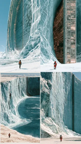 female archivist walking through massive glacier archive, memory crystals embedded in ice walls, soft luminescence, minimal futuristic gear, wind and snow textures, profound silence, timeless solitude