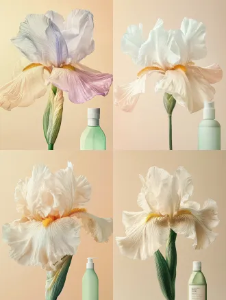 a high-end minimalist commercial advertising poster for laundry detergent. in the center is a massive, fully blooming iris flower. however, the petals are not plant petals, but sculptural forms made of different colored and textured clothing fabrics. no other flower forms exist, only the shape of one giant iris. petal details (fragrance notes to fabric mapping): each petal's color represents a specific flower note (white iris, gardenia, magnolia, tuberose, jasmine, honeysuckle, sandalwood, iris root), but all colors are unified in low-saturation, pale, elegant tones (pale white, light yellow, light beige, pale purple, light wood). · main petals (white iris, gardenia): lustrous silk and satin fabric with delicate natural folds, pale icy blue-white. · middle petals (jasmine, tuberose): translucent, lightweight chiffon and lace fabric, cream white and pale yellow. · base petals (sandalwood, iris root): warm, textured cashmere and cotton-linen fabric, light beige and pale woody tones. all petals feature realistic fabric wrinkles and drape elegantly like soft clothes. environment: forest atmosphere, light beige low-saturation gradient background, clean and transparent, no clutter. soft diffused natural light, soft shadows, shallow depth of field. product placement: a bottle of light green super energy plant healing fragrance laundry detergent placed in the bottom right corner, clear and complete bottle design. style & tech: commercial still life photography, realistic photography, 8k resolution, ultra-detailed, delicate texture, fresh and elegant colors, vertical poster composition, high-end aesthetic. no watermark, no extra text, no other plant flowers.
