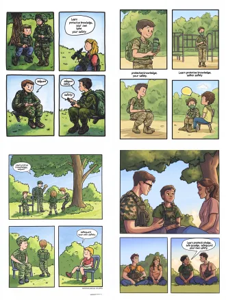 四格漫画，马克笔手绘质感，粗黑清晰轮廓线，色彩鲜艳饱和度高，明亮通透，q版大学生军训防毒面具安全教育故事。 第1格：操场树荫下，迷彩服教官拿着防毒面具，向围坐的同学们讲解，学生带着好奇认真倾听； 第2格：教官现场示范，分步演示防毒面具的佩戴方法； 第3格：同学尝试佩戴面具，动作笨拙可爱，身边伙伴在一旁观看； 第4格：同学们规范戴好防毒面具整齐坐好，夕阳背景，对话框文字：学好防护知识，守护自身安全。 画面干净简洁，圆润卡通人物，蓝天绿树操场背景，漫画对话气泡，纸面手绘肌理，无多余杂乱元素，校园参赛插画。