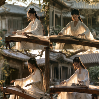 cinematic medium shot of an elegant ancient chinese noblewoman sitting gracefully in a quiet traditional courtyard playing a guzheng.she gently moves her fingers across the strings,calm and refined expression.lvory white embroidered silk robe with delicate traditional patterms,soft flowing sleeves,natural silk texture and subtle wrinkles.long black hair in an elegant ancient chinese updo,decorated with jade hairpins and pearl ornaments.translucent soft peach skin,natural glowing skin,delicate realistic skin texture,soft facial highlights.guzheng shows polished aged wood texture,fine strings,traditional craftsmanship.ancient chinese courtyard with aged wooden architecture,gray tile roofs bamboo shadows, traditional garden elements.warm golden backlight through ree branches,soft hair rim light,glowing silk sleeve edges,gentle light particles.character occupies~50%of frame,low angle,foreground guzheng strings shallow depth of field,soft creamy bokeh.85mm lens,arri alexa35,kodak flm color,eastern imperial classical cinem style,utra realistic,historical oriental aesthetic,cinematic lens flare,no cgl golden hour.negative prompt:anime cartoon,3d render,cgl,game character,fantasy armor,western princess,modern makeup,plastic skin,beauty filter studio lighting,hard flash,dramatic spotlight,oversaturated colors,cheap costume,fake jewelry,artificial pose,perfect smile,unrealistic hands,extra fingers,low quality,modern objects