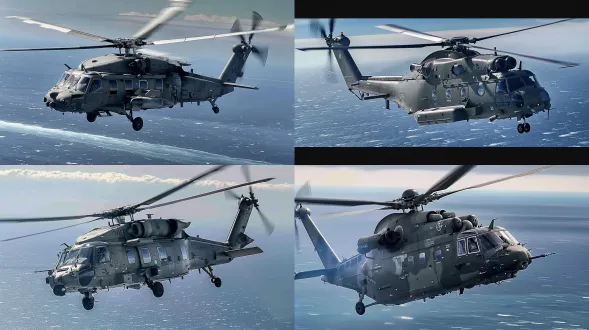 hollywood cinematic realistic style, military documentary aesthetic. a highly detailed military helicopter flying at 10,000 meters altitude. side profile view showing complex mechanical details, rotor blades in motion blur, matte grey metal texture with weathering. background: vast blue sky gradient fading to black at the top, distant curved horizon of earth, thin wispy clouds below. natural high-altitude sunlight, sharp contrast, hyper-realistic, shot on arri alexa 65, 8k resolution, telephoto lens compression, no people visible inside.