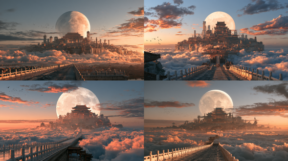ancient chinese immortal palace, dusk, huge palace complex floating above the sea of clouds, sky with gradient of orange-red and purple-blue sunset glow, clouds dyed golden-red by the setting sun, glazed tiles of the palace reflecting warm light, giant circular halo behind the building, foreground with long bridge and white jade railings, distant birds flying, volumetric light, warm tones, grand and noble, immortal aura, cinematic lighting, 8k, ultra hd.