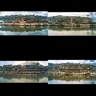 二十世纪三十年代自贡仙市，左上上码头，中间中码头，右下码头歪脑壳船，工人搬盐包，复古胶片，青灰旧调，35mm镜头，侧逆光，烟火气，劳作感