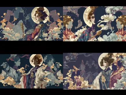 极简敦煌壁画风平涂插画，中心无面唐代女神，蓬松棕唐式发髻，靛蓝朱纹长袍持玉杖，周围无面唐侍从，身后淡满月光晕，浅黄淡青祥云，暗底隐宫檐剪影，低饱和限定配色，平涂矢量，无冗余细节，中式装饰画，16:10，raw风格