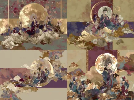 敦煌风平涂色块插画，中心无面唐代女神持玉杖，侍女环绕，满月光晕，祥云暗宫影，克制大地色系，平面矢量风格，无冗余细节，装饰感，16:10，原始风格