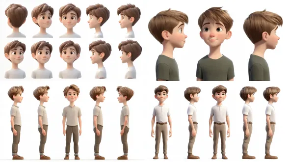 pixar style character turnaround sheet, teenage caucasian boy peter, short light brown hair, gentle smile, front view, side view, back view in one picture, consistent face, clean white background, 3d character render