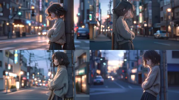 semi-realistic 3d anime young woman, chin-length dark brown bob with soft inward curls and wispy bangs, wearing an oversized oatmeal-beige knit sweater and a long dark pleated skirt with a beige muffler, leaning against a wooden utility pole at a quiet street corner, side profile gazing down the empty street, blue hour twilight, heavily blurred city buildings and storefront signs, colorful circular bokeh of street and vehicle lights, strong side backlight, rim light glowing on hair and shoulder edge, soft hazy focus, cinematic extremely shallow depth of field, shot on 85mm f1.4 portrait lens, gentle muted color palette, japanese cinematic atmosphere, subtle 35mm film grain