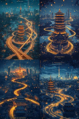 epic poster for "belt and road initiative" exhibition, aerial view of golden silk road ribbons transforming into high-speed railways and shipping lanes across a world map, ancient chinese pagoda merging with modern skyscrapers, european landmarks and middle eastern domes glowing in distance, particle light trails, deep navy blue and imperial gold color palette, cinematic volumetric lighting, ultra-detailed, poster composition, negative space at top for title text