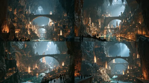 vast subterranean fantasy metropolis carved deep inside colossal natural cavern, multi‑tiered vertical city built along cave rock walls, stacked terraced stone buildings, sprawling suspended stone arch‑bridges connecting different urban layers, huge stalactites and glowing crystal pillars interspersed within city blocks, underground luminous river winding through urban districts, bioluminescent fungi and crystalline ore providing ambient native illumination, active inhabited city, no ruins, small‑scale subordinate human silhouettes on walkways for scale, high‑angle establishing shot, oblique overlook, 35‑mm equivalent focal length, revealing immense cavern ceiling and deep spatial depth, soft diffused cavern mist, damp stone texture, natural subterranean ambient light, clear spatial hierarchy, readable layered urban structure, cinematic imaging, depth hierarchy, atmospheric volumetric haze