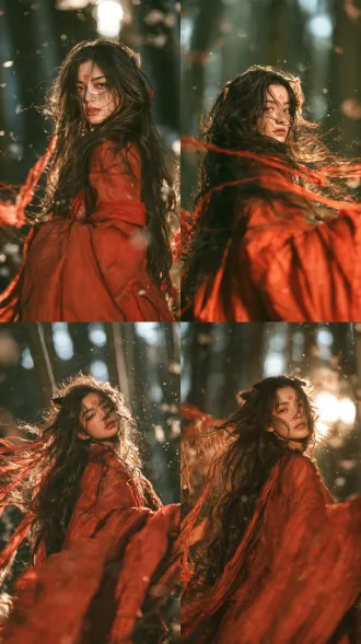 cinematic medium shot, charming young chinese fox spirit, fair translucent skin, delicate sultry light makeup, subtle red flower forehead mark, long wavy black hair fluttering in breeze, sheer crimson red hanfu with wide flowing sleeves, thin red silk streamers dancing, small fox ear decorations, seductive lazy expression, alluring soft eyes, standing in misty bamboo forest, wispy volumetric fog, floating glowing firefly particles, falling peach blossoms, warm golden rim backlight, god rays through fog, bloom glow, gentle lens flare, 85mm portrait lens, f/1.8, shallow depth of field, soft focus, warm cinematic color grading, mysterious enchanting atmosphere, ultra realistic, fine skin texture, 8k, subtle film grain
