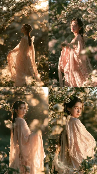cinematic full body shot, cute young chinese flower fairy, soft translucent fair skin, innocent fresh face, tiny flower forehead mark, long black hair decorated with small white flowers and fine golden hair pins, sheer pastel pink hanfu with lightweight flowing wide sleeves and long tulle ribbons, small translucent fairy wings behind shoulders, standing in sunlit flower field among green leaves and spring flowers, soft mist winding around ankles, petals floating in the air, glowing tiny fireflies and magical dust particles, warm soft golden rim backlight, gentle sunlight filtering through flower branches, soft bloom glow, delicate lens flare, 70mm lens, f/2.0, shallow depth of field, soft focus, pastel pink and cream color grading, sweet dreamy spring atmosphere, ultra realistic portrait, natural skin texture, 8k, subtle film grain