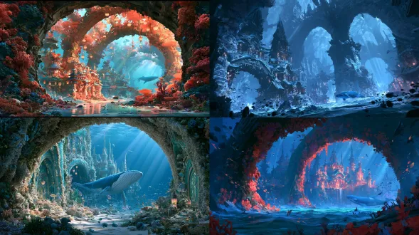 underwater dragon palace fantasy, oriental dragon palace complex in deep blue sea, coral arch walls, glazed tile palaces, fish and lantern shadows swimming through, blue whale gliding slowly in distance, soft underwater beams, dreamy oriental fantasy, ultra wide angle