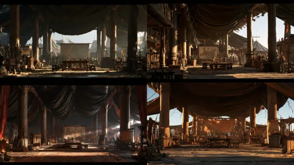 rebel camp · command war tent: day, indoor, clear weather, normal. the largest military command tent in the camp, with thick wooden columns supporting a dark heavy cloth roof. a large kingdom map and a long wooden table are placed in the center, surrounded by weapon racks, scroll cabinets, candlesticks and a messenger area, with a small number of people in the background. medieval european high fantasy, dragon royalty theme, cinematic hyperrealism, ue5, documentary photography feel, soft natural light, cool-warm contrast, desaturated colors, matte finish, straight-on eye-level view, full clear frame, 8k, 16:9. no text, no real-world logos or markings, no overexposure, no crushed black shadows, no depth of field, no low-angle shots, no chinese-style elements.