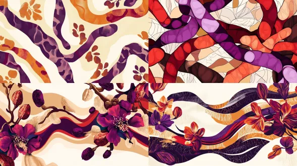 当代酸角汁包装标签设计，环绕标平面展开图，横向带状。插画特征：连续的抽象几何图案，一条收缩的酸味弧线水平延伸，类似地形等高线或古树皮裂纹。穿插扁平矢量风格的酸角豆荚和带紫红条纹的酸角花。色彩：酸角琥珀色、紫红色、大地棕，透明或奶油底色。大量留白，极简，编辑风，孔版印刷质感，无文字，扁平矢量设计。宽高比3:1适合环绕)