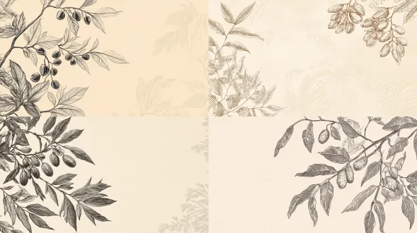 用于高端饮料包装的复古植物线稿插画。精细的酸角枝条线稿，带有豆荚和羽毛状叶子。米色牛皮纸背景上的单色深棕色墨水。极简、优雅、复古药剂师风格。背景中有微妙的等高线（代表云南地貌）。干净的构图，留有大量负空间用于排版文字，高分辨率，矢量风格。 生图建议：这个方案出来的图非常干净，你可以直接把它垫在 illustrator 底层，用钢笔工具照着描摹（image trace），变成真正的矢量图。