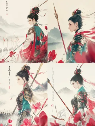 high-end decorative illustration for the "flower soul" collection. hua mulan, ancient chinese female general, low angle heroic shot, towering and imposing, standing before her army, resolute commanding expression, eyes like cold steel. hair bound tight in a warrior's topknot, wind-whipped. she holds a traditional chinese spear upright, both hands firm, blade catching the light. intricate botanical linework forming sharp angular armor patterns, heavy battle armor with worn gold trim. magnolia and red kapok sweeping across the foreground like war banners. distant misty mountains, faint army banners and spears silhouetted behind her. epic pre-battle tension, cinematic grandeur. rich textures, fine hand-drawn linework, gold foil accents, vintage silk texture. muted vermilion red, antique gold, dark jade green, soft cream background. oriental aesthetics, alphonse mucha style, masterpiece.