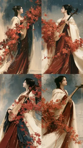 a masterpiece, elegant digital illustration blending chinese ink wash with painterly thick brushstrokes. wang zhaojun, an ancient chinese divine lady. standing with a dignified, ethereal posture, looking towards the horizon. pale face, dark hair with a jade hairpin, calm and melancholic gaze. wearing a flowing white winter cloak, a deep crimson inner hanfu with subtle gold accents, fully covering the body. she is holding a traditional wooden pipa. flourishing, large clusters of bright red plum blossoms heavily surround her. the flowers are painted with expressive, thick impasto brushstrokes, organically growing and cascading across the pipa and her white cloak, blending into the fabric. background: hazy, abstract ink-wash mist and subtle falling snow. dramatic chiaroscuro lighting, divine and glowing soft rim light hitting the edges of her clothing and the white petals, creating a sacred atmosphere. rich but elegant color palette: frosty white, deep crimson, dark ink blue, and warm gold. expressive loose brushstrokes, visible canvas texture, paint drips, seamless blending of watercolor washes and opaque paint. majestic, poetic, high aesthetic.