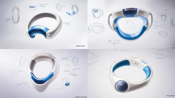 prompt: a professional industrial design portfolio case study layout, 16:9 widescreen aspect ratio, pure hand-drawn sketch style, no 3d rendering, no glossy materials. the layout shows a clear design thinking and deduction logic. top section: exploratory rough sketches showing ergonomic studies of a futuristic neckband wearable device, white and blue color block annotations, floating lines, cross-sections, and form variations. middle section: a detailed orthographic sketch of the final design, emphasizing the soft organic curves, the blue silicone inner ring, the circular sensor/indicator, and the type-c charging port with a flap. bottom section: a "design evolution" timeline showing how the final concept naturally grows from the initial rough sketches. aesthetic reference: excellent industrial design student portfolio, behance product design case study, clean white paper background, blue and grey marker pen, fine black ink pen, light grey construction lines, handwritten annotations, technical callouts, arrows, dynamic layout. high quality, crisp lines, professional sketching vibe, no shadows, no realistic lighting.
