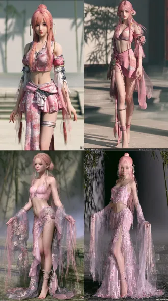 真人写实摄影的仙侠美人全身照：年轻女性，约169cm，身形纤细；单人单幅，从头到脚完整入镜，面部完全清晰、无遮挡。古典仙侠装扮，粉色主调。 脸：圆润小巧的鹅蛋脸，脸颊饱满、线条柔和，脸型小巧精致；眼睛又大又圆、眼形清秀、眼神清澈明亮有灵气，睫毛纤长；鼻小巧、唇形自然饱满、唇色浅玫瑰；神情活泼天真、嘴角带俏皮笑意，看起来年轻甜美、脸型不成熟不锐利。整张脸完整可见、无遮挡。 发：及腰长发，明显的珊瑚粉色（偏桃粉，不要淡粉、灰粉或白粉），古典发髻盘起、额前与脸颊清爽无遮挡，鬓发垂落修饰脸型，鬓边一对清楚的玉花簪。 身形：身形纤细，肩背单薄，腰身纤细柔和，体态修长，站姿自然。 穿着：粉色古装襦裙，齐胸短上装配及地层叠长裙，玫瑰粉与浅粉，织锦云纹与缠枝刺绣，广袖轻纱配飘带流苏；裙摆侧边开一道长缝，缝旁一枚宽腿环。 画面：竖构图全身照，柔和自然光，古典仙侠氛围；背景古典庭院，竹影、石阶与薄雾，纯古风环境。