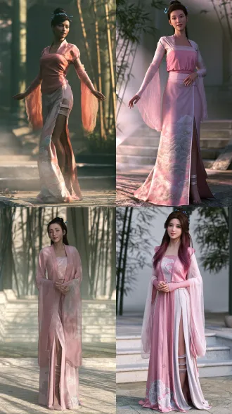 真人写实摄影的仙侠美人全身照。一位年轻成年东方女性，古典仙侠装扮。单人单幅，从头到脚完整入镜，人物站在画面正中，头顶与脚底留出均匀留白。85mm 镜头，浅景深，柔和的自然侧光。 配色：衣裙是玫瑰粉与浅粉色，头发是深紫褐色，两者明度对比强烈。深色的头发把粉色衣裙衬得更干净，也让面部更突出。 面部：轮廓柔和流畅的鹅蛋脸，脸颊自然饱满，既不过分成熟、也不稚气；皮肤洁白、瓷白、白皙透亮，有原生肤质与细腻毛孔；眼睛清澈有神、眼中有自然高光；眉形自然，唇色浅玫瑰。她微微歪着头、嘴角轻扬带一点俏皮笑意，神态松弛灵动。 发型：及腰深紫褐色长发（深栗偏紫），古典发髻高高挽起，额前与脸颊清爽无遮挡，鬓边一对青瓷玉花簪。 身形：身形纤细，肩背单薄，站姿自然放松。 服装：玫瑰粉与浅粉色古装襦裙，齐胸短上装配及地长裙，裙身有月白与浅青云纹刺绣；广袖轻纱；裙摆侧边一道长缝，缝旁一枚宽腿环。 环境：古典庭院，竹影、石阶与薄雾。纯古风环境。