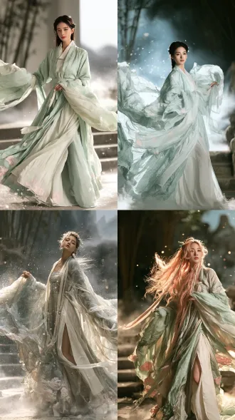 真人写实摄影的仙侠美人全身照，中国仙侠 fantasy 风格。一位年轻成年东方女性，仙人装扮。单人单幅，从头到脚完整入镜，人物站在画面正中，头顶与脚底留出均匀留白。85mm 镜头，浅景深，柔和的自然侧光。 仙气（重点）：她站在薄雾之中，广袖与裙摆被风轻轻吹起，飘带和长发在空中飘动，身周有淡淡的灵雾与浮动的微光粒子，画面通透、有空灵感。 配色：头发是柔和的珊瑚粉色，衣裙是青瓷淡青与月白色，两者色相分开、对比清晰。粉色只出现在绣纹、滚边与飘带上。 面部：轮廓柔和流畅的鹅蛋脸，脸颊自然饱满，既不过分成熟、也不稚气；皮肤洁白、瓷白、白皙透亮，有原生肤质与细腻毛孔；眼睛清澈有神、眼中有自然高光；眉形自然，唇色浅玫瑰。她微微歪着头、嘴角轻扬带一点俏皮笑意，神态松弛灵动。 发型：及腰珊瑚粉色长发，古典发髻高高挽起，额前与脸颊清爽无遮挡，鬓边一对青瓷玉花簪。 身形：身形纤细，肩背单薄，站姿轻盈。 服装：飘逸的青瓷淡青与月白色仙人长裙，广袖轻纱，裙裾层叠，飘带在风中飞舞；裙身有玫粉色云纹刺绣；裙摆侧边一道长缝，缝旁一枚宽腿环。 环境：仙境般的古典庭院，竹影、石阶、薄雾与远山，空气通透。