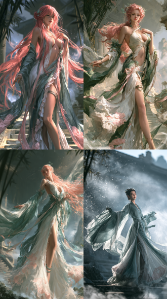 真人写实摄影的仙侠美人全身照，中国仙侠 fantasy 风格。一位年轻成年东方女性，仙人装扮。单人单幅，从头到脚完整入镜，人物站在画面正中，头顶与脚底留出均匀留白。85mm 镜头，浅景深，柔和的自然侧光。 仙气（重点）：画面通透有空灵感，薄雾缭绕，她衣袂飘飘、广袖与长发在风中飞舞，身周有淡淡的灵雾、浮动的微光粒子与柔和的轮廓光。 配色：头发是柔和的珊瑚粉色，衣裙是青瓷淡青与月白色，两者色相分开、对比清晰。粉色只出现在绣纹、滚边与飘带上。 面部：轮廓柔和流畅的鹅蛋脸，脸颊自然饱满，既不过分成熟、也不稚气；皮肤洁白、瓷白、白皙透亮，有原生肤质与细腻毛孔；眼睛清澈有神、眼中有自然高光；眉形自然，唇色浅玫瑰。她微微歪着头、嘴角轻扬带一点俏皮笑意，神态松弛灵动。 发型：及腰珊瑚粉色长发，古典发髻高高挽起，额前与脸颊清爽无遮挡，鬓边一对青瓷玉花簪。 身形：身形纤细，肩背单薄，站姿轻盈。 服装：飘逸的青瓷淡青与月白色仙人长裙，广袖轻纱，裙裾层叠如花瓣，飘带在风中飞舞；裙身有玫粉色云纹刺绣；裙摆侧边一道长缝，缝旁一枚宽腿环。 环境：仙境般的古典庭院，竹影、石阶、薄雾与远山。